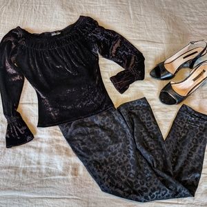 Black Bebe crushed velvet ruched collar crop top